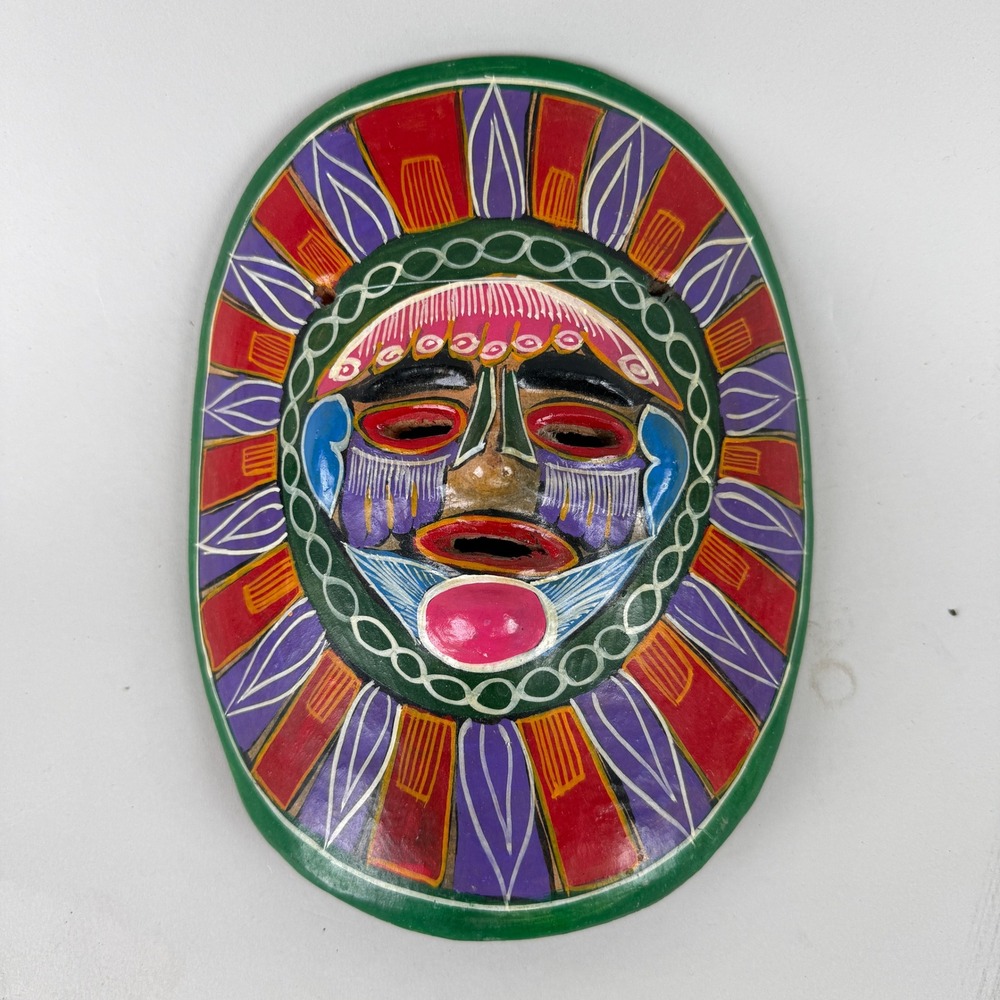 Mexican Folk Art Hand Painted Clay Mask 8" Wall Decor Multicolor